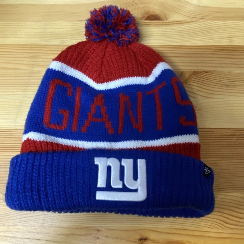 New York Giants 47 Brand Roll Up Beanie Cap Winter Hat Pom Pom